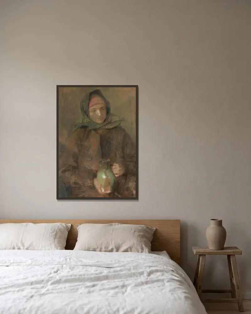 Hutsulisk kvinna med kruka av Teodor Axentowicz inramad på en vägg