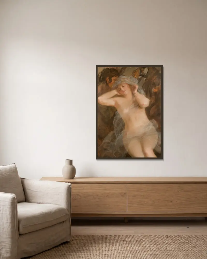 Nymph and Satyr av Teodor Axentowicz inramad på en vägg