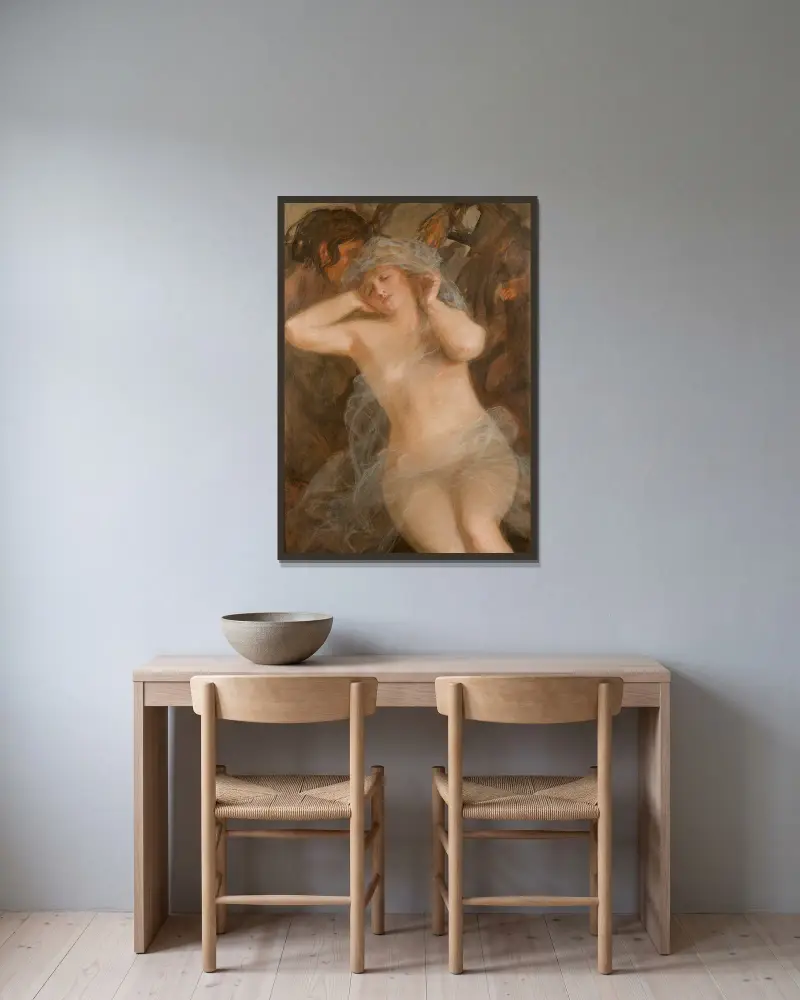 Nymph and Satyr av Teodor Axentowicz inramad på en vägg