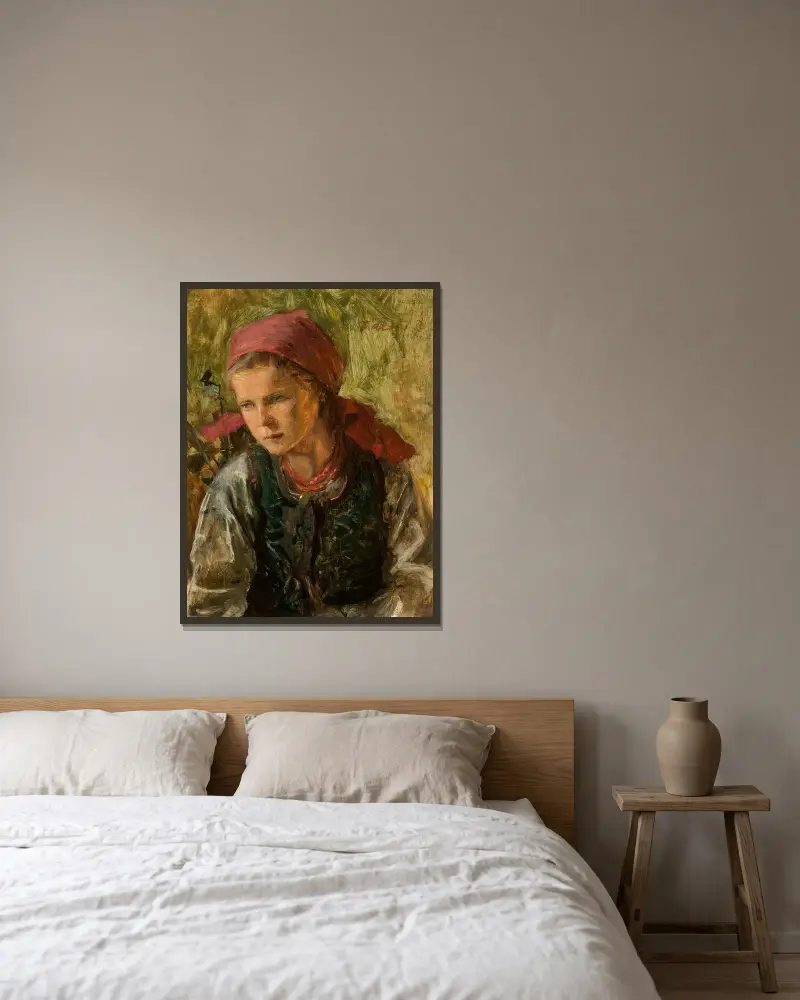 Bondflicka med sjal av Teodor Axentowicz inramad på en vägg