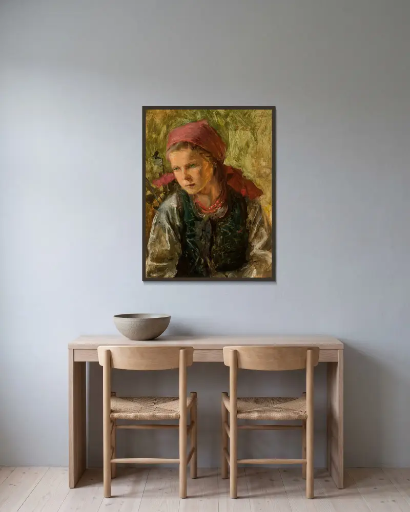 Bondflicka med sjal av Teodor Axentowicz inramad på en vägg