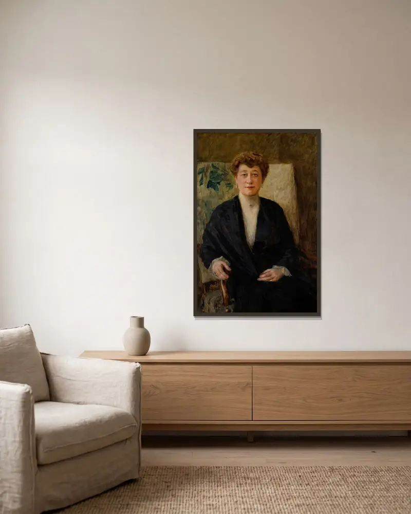 Porträtt av Zofia Dolińska, född Niesiołowska av Teodor Axentowicz inramad på en vägg
