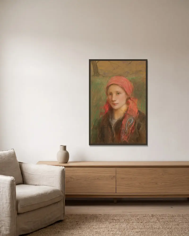 Porträtt av en byflicka av Teodor Axentowicz inramad på en vägg