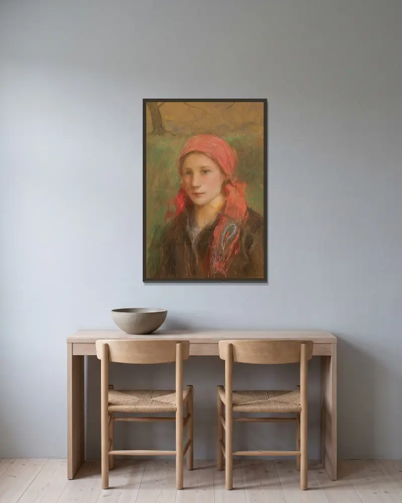 Porträtt av en byflicka av Teodor Axentowicz inramad på en vägg