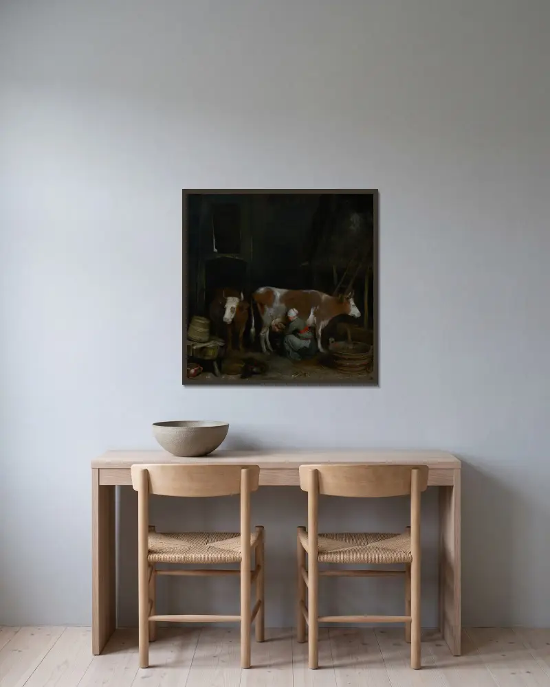 A Maid Milking a Cow in a Barn av Gerard ter Borch inramad på en vägg