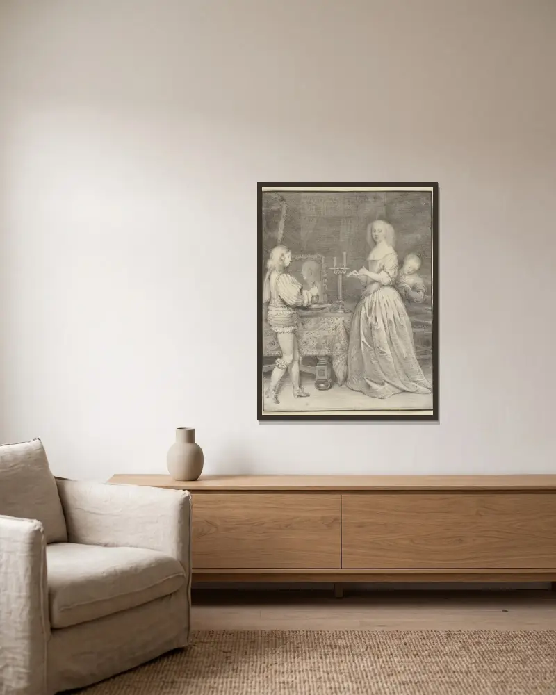 Dame am Toilettentisch mit Page und Zofe von Gerard ter Borch gerahmt an einer Wand