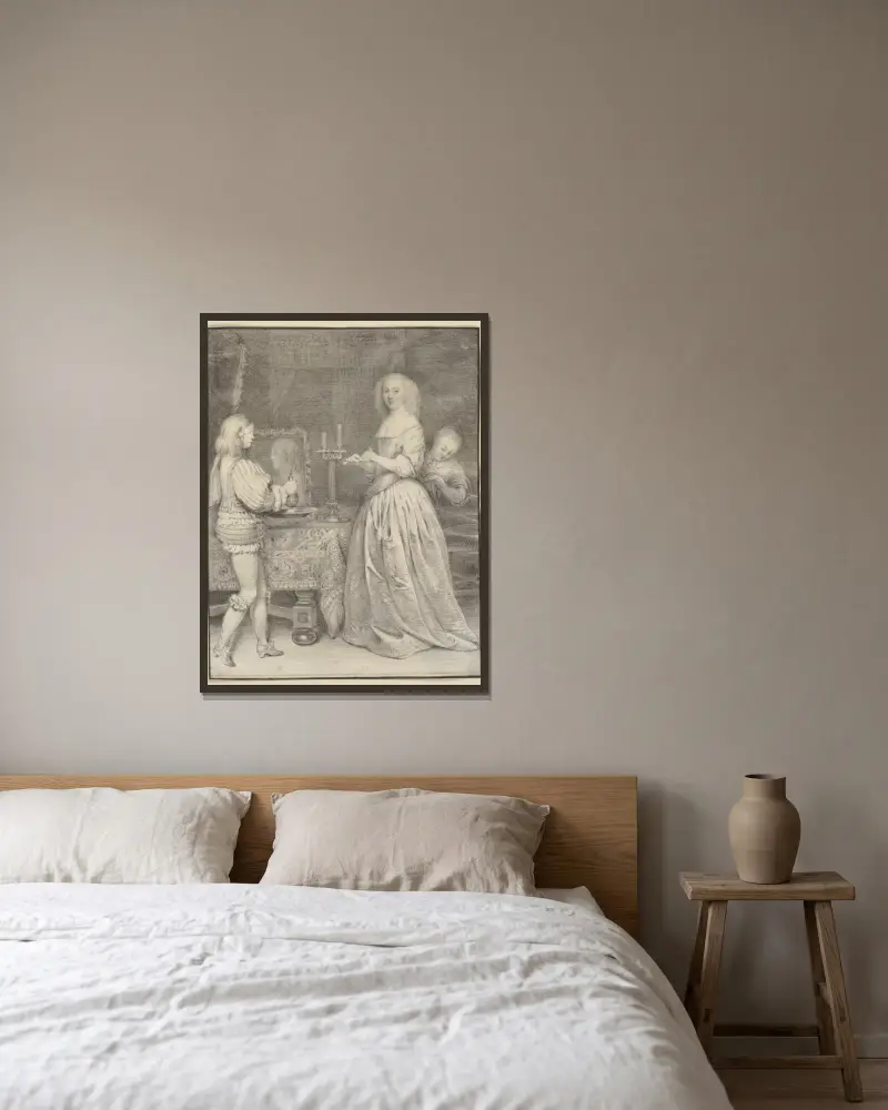 Dame am Toilettentisch mit Page und Zofe von Gerard ter Borch gerahmt an einer Wand