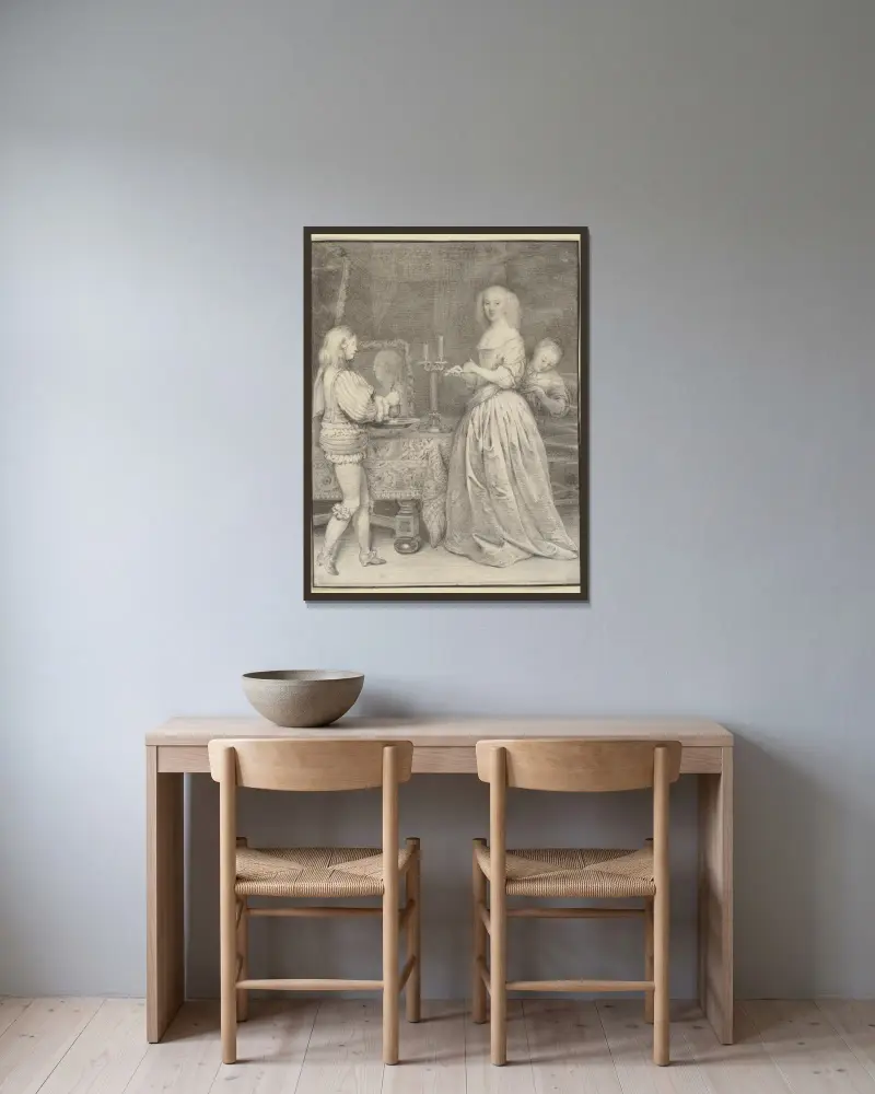 Dame am Toilettentisch mit Page und Zofe von Gerard ter Borch gerahmt an einer Wand