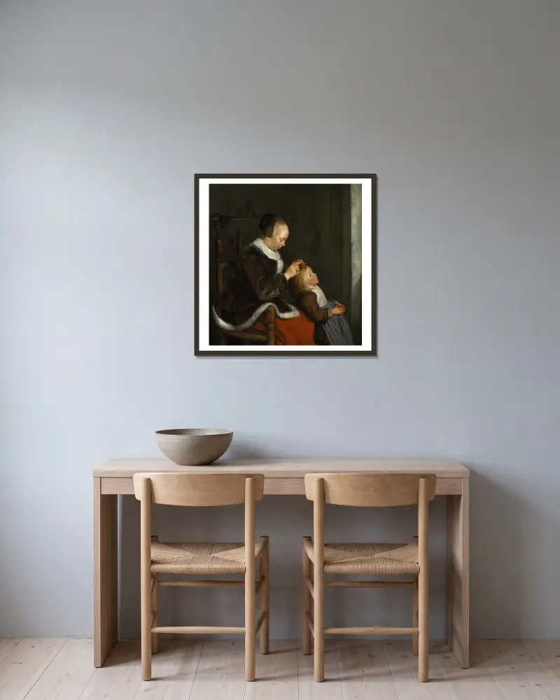 Hunting for Lice av Gerard ter Borch inramad på en vägg