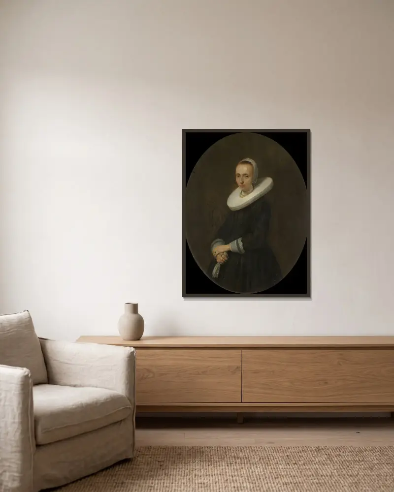 Johanna Bardoel (d. efter 1667). Gerard van der Schalckes hustru av Gerard ter Borch inramad på en vägg