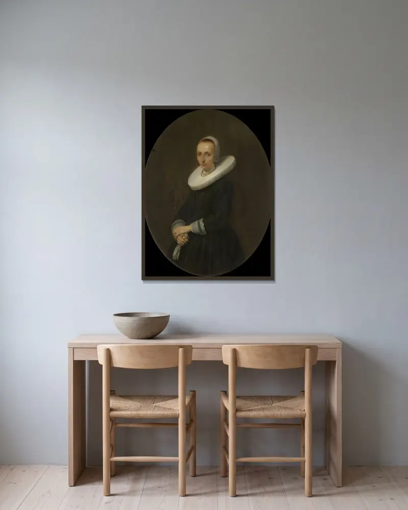 Johanna Bardoel (d. efter 1667). Gerard van der Schalckes hustru av Gerard ter Borch inramad på en vägg