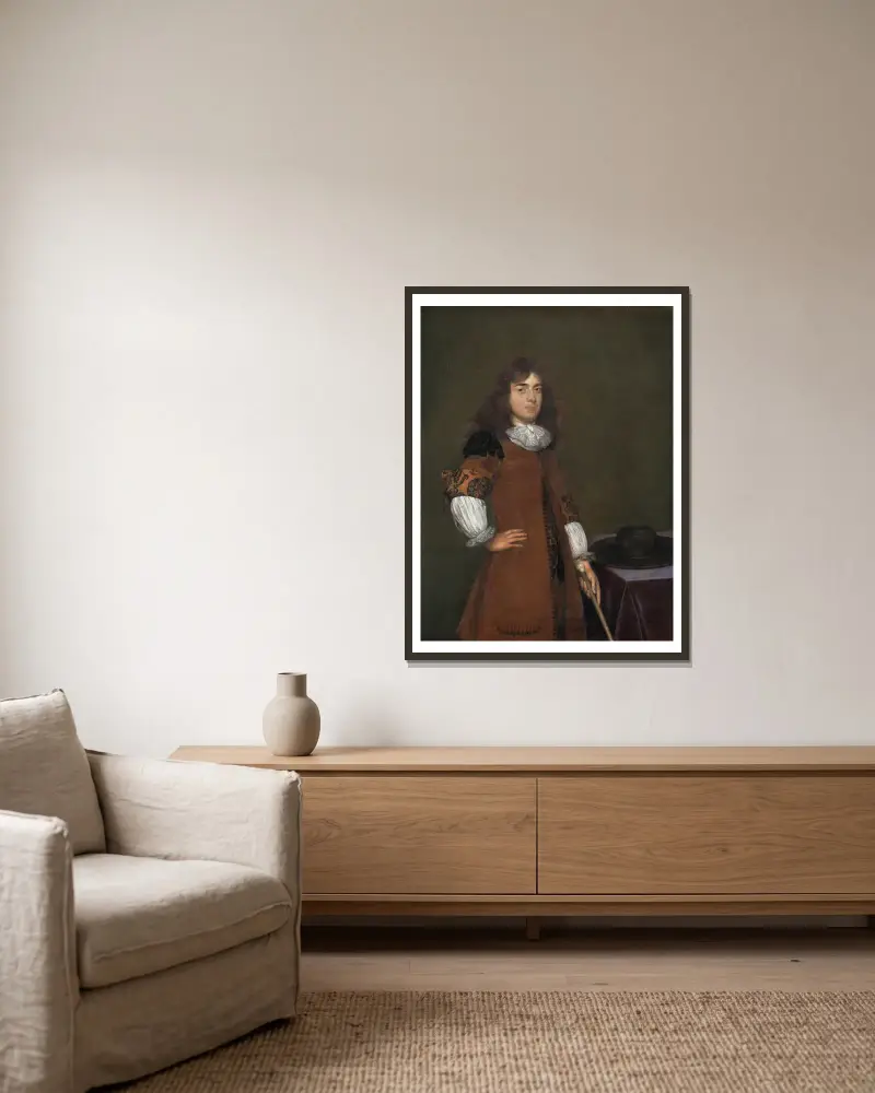Portrait of a Man, 1670 av Gerard ter Borch inramad på en vägg