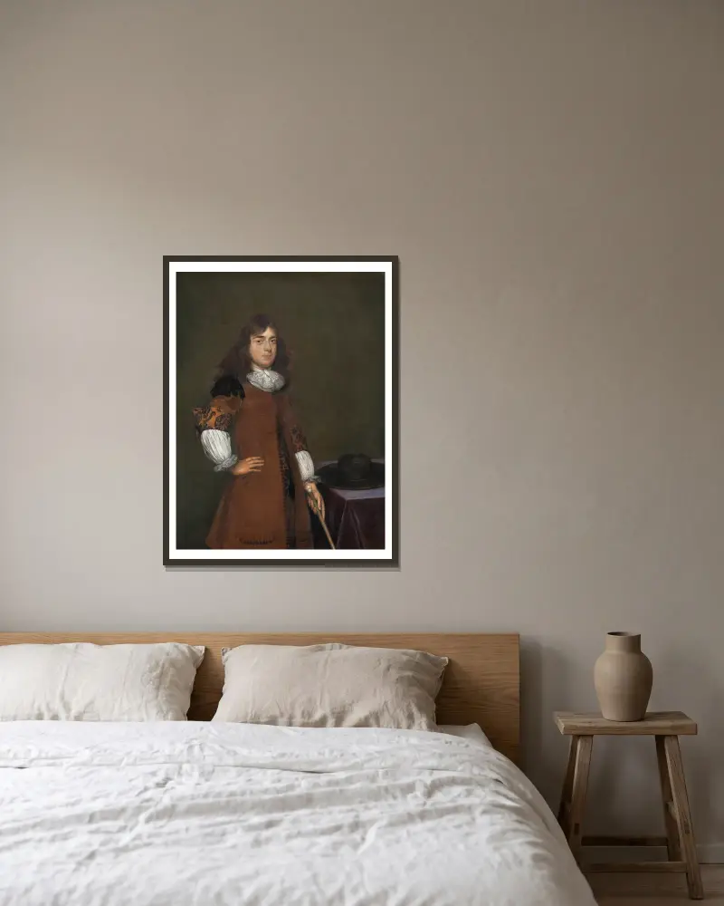 Portrait of a Man, 1670 av Gerard ter Borch inramad på en vägg