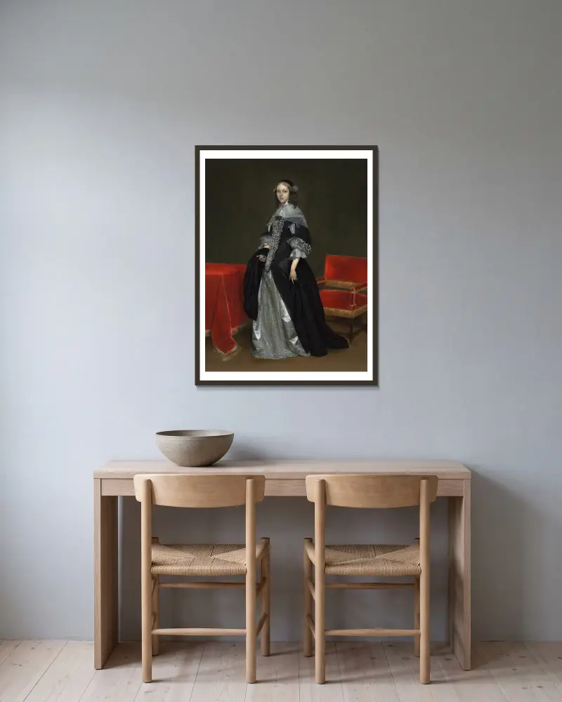 Portrait of a Woman, 1665 av Gerard ter Borch inramad på en vägg