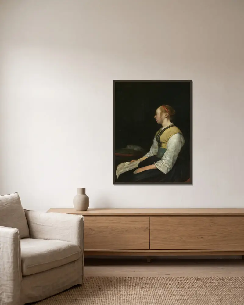 Sittande flicka i bonddräkt av Gerard ter Borch inramad på en vägg