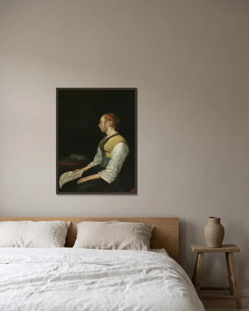 Sittande flicka i bonddräkt av Gerard ter Borch inramad på en vägg