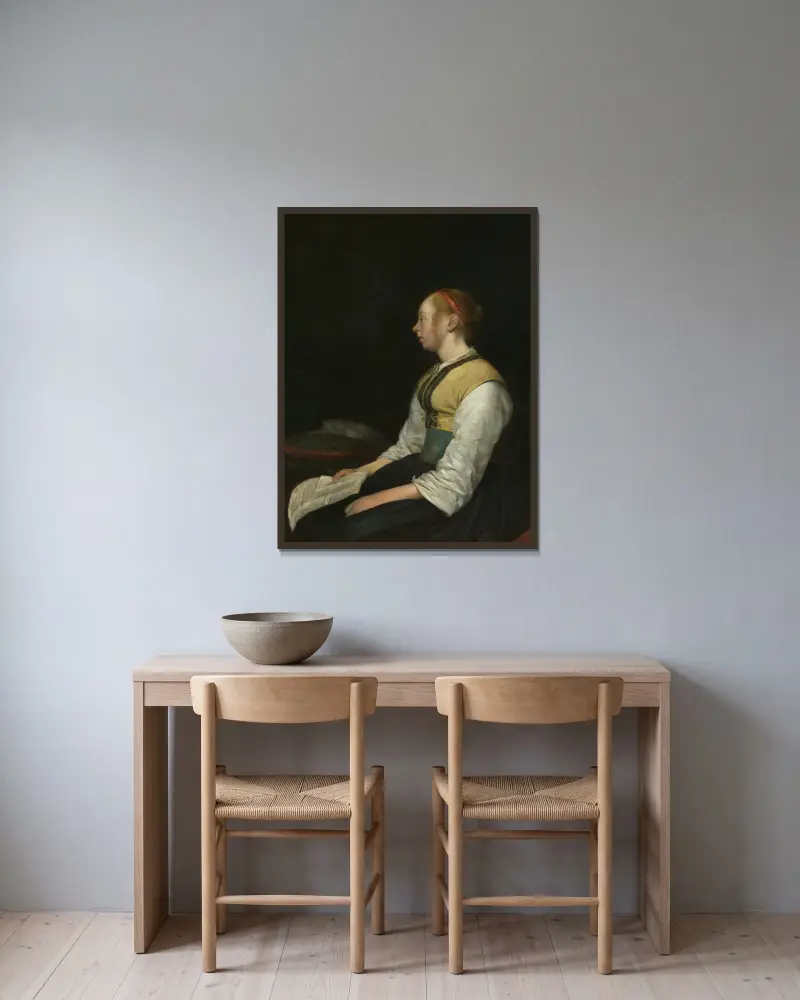 Sittande flicka i bonddräkt av Gerard ter Borch inramad på en vägg