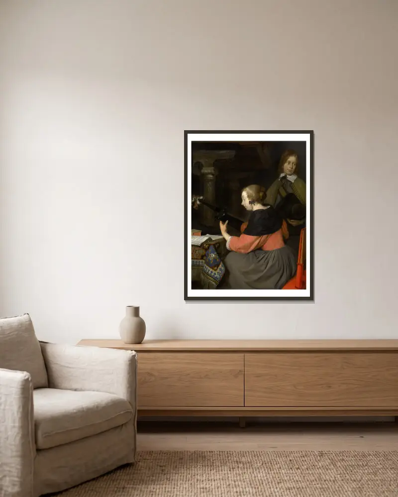Der Lautenspieler von Gerard ter Borch gerahmt an einer Wand