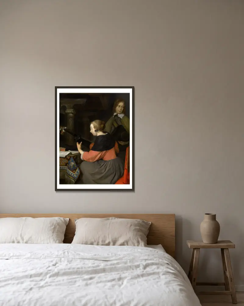 Der Lautenspieler von Gerard ter Borch gerahmt an einer Wand