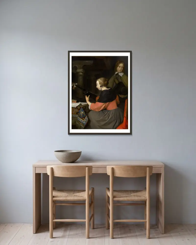 Der Lautenspieler von Gerard ter Borch gerahmt an einer Wand