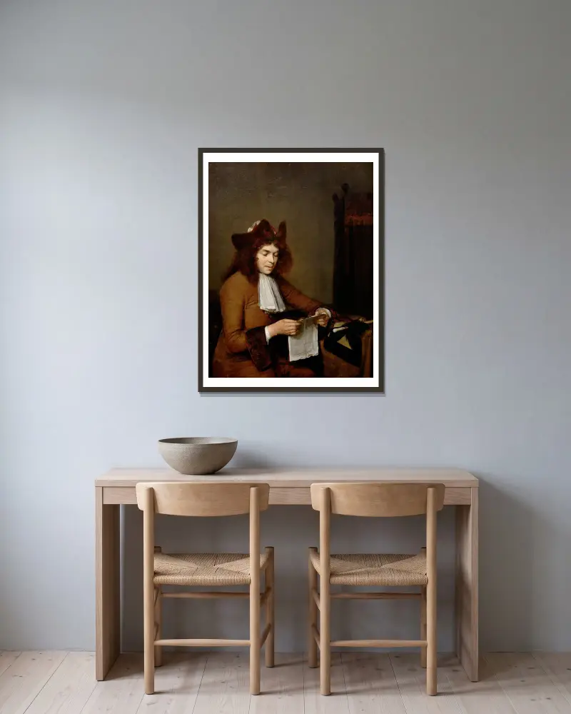 Young Man Reading av Gerard ter Borch inramad på en vägg