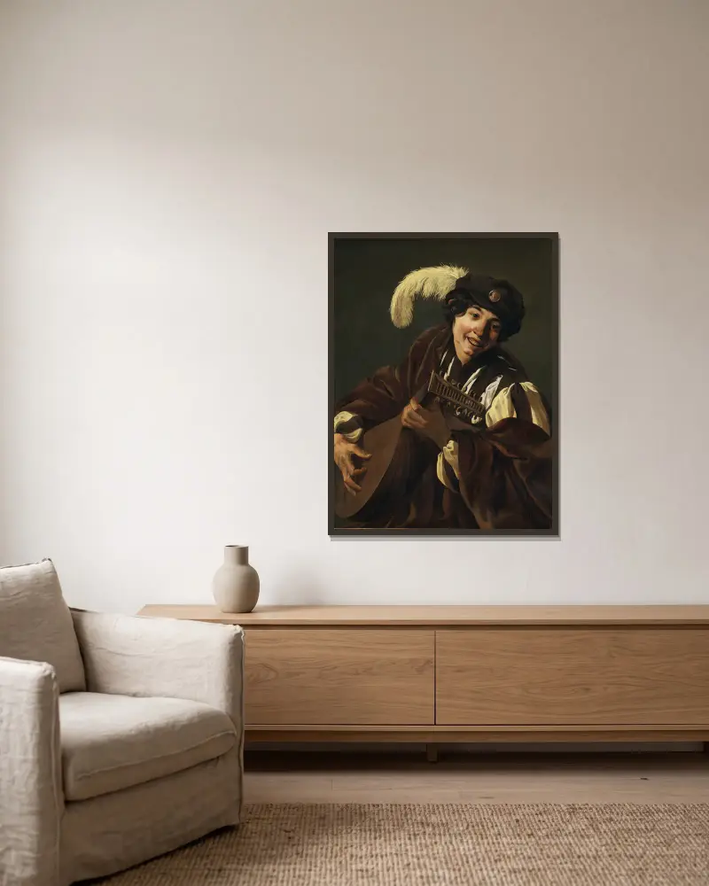 Chlapec hrající na loutnu, Hendrick Ter Brugghen v rámu na stěně