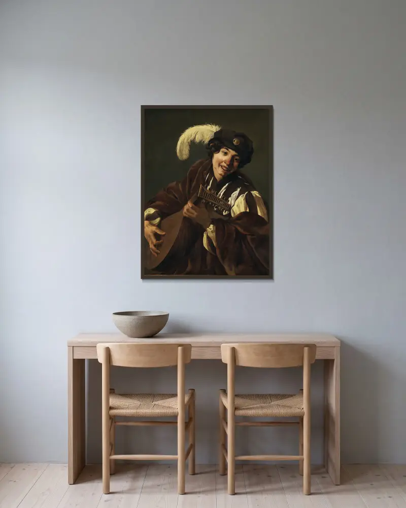 Chlapec hrající na loutnu, Hendrick Ter Brugghen v rámu na stěně