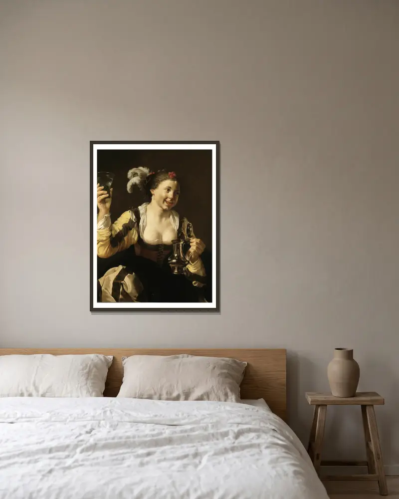 Flicka med glas av Hendrick Ter Brugghen inramad på en vägg