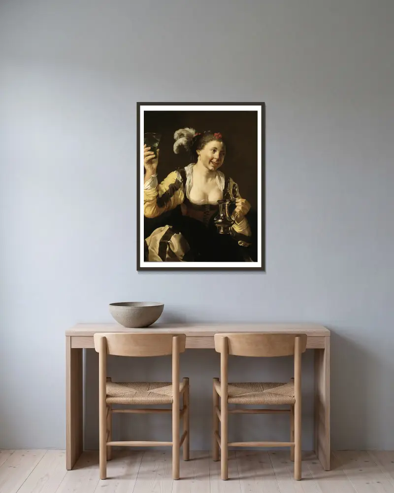Flicka med glas av Hendrick Ter Brugghen inramad på en vägg