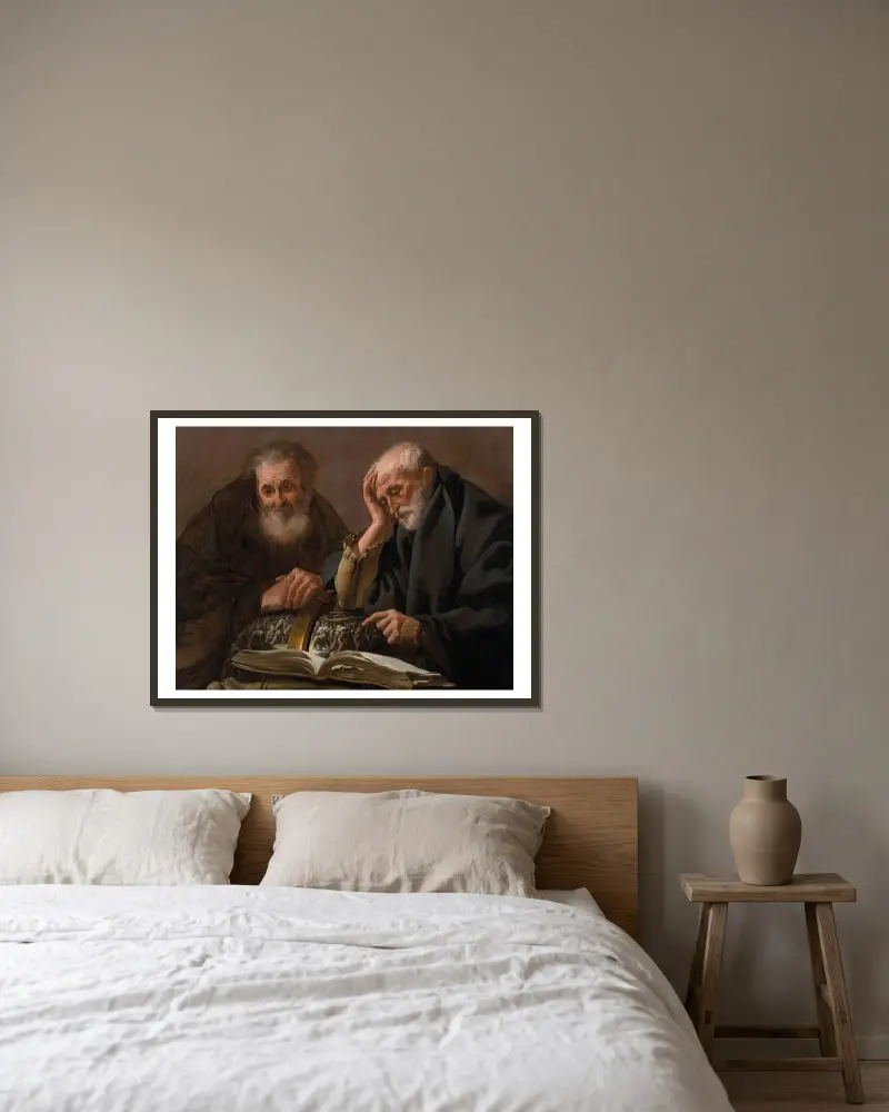 Democritus and Heraclitus av Hendrick Ter Brugghen inramad på en vägg