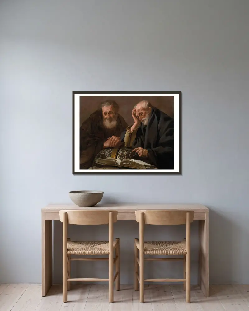 Democritus and Heraclitus av Hendrick Ter Brugghen inramad på en vägg
