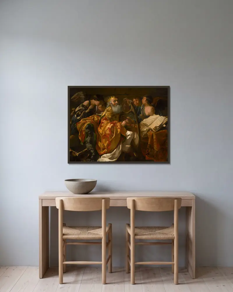 Kung David spelar harpa bland änglar av Hendrick Ter Brugghen inramad på en vägg