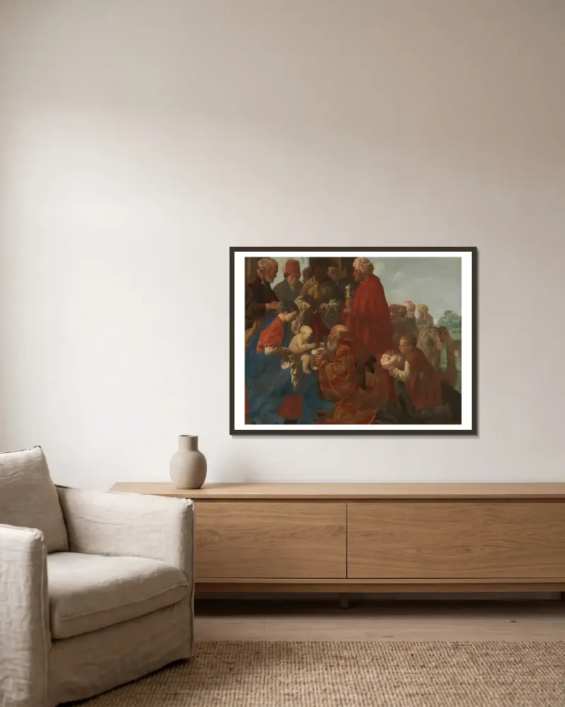 Anbetung der Könige von Hendrick Ter Brugghen gerahmt an einer Wand