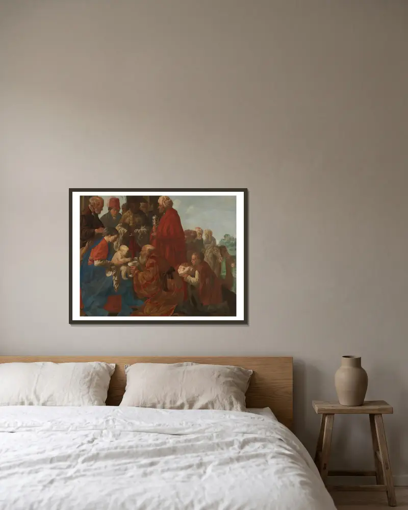 Anbetung der Könige von Hendrick Ter Brugghen gerahmt an einer Wand
