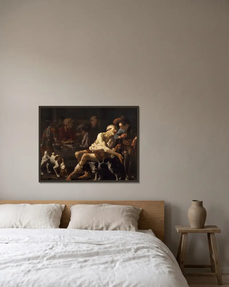 Der reiche Mann und der arme Lazarus von Hendrick Ter Brugghen gerahmt an einer Wand