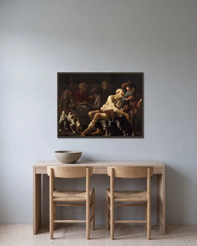 Der reiche Mann und der arme Lazarus von Hendrick Ter Brugghen gerahmt an einer Wand