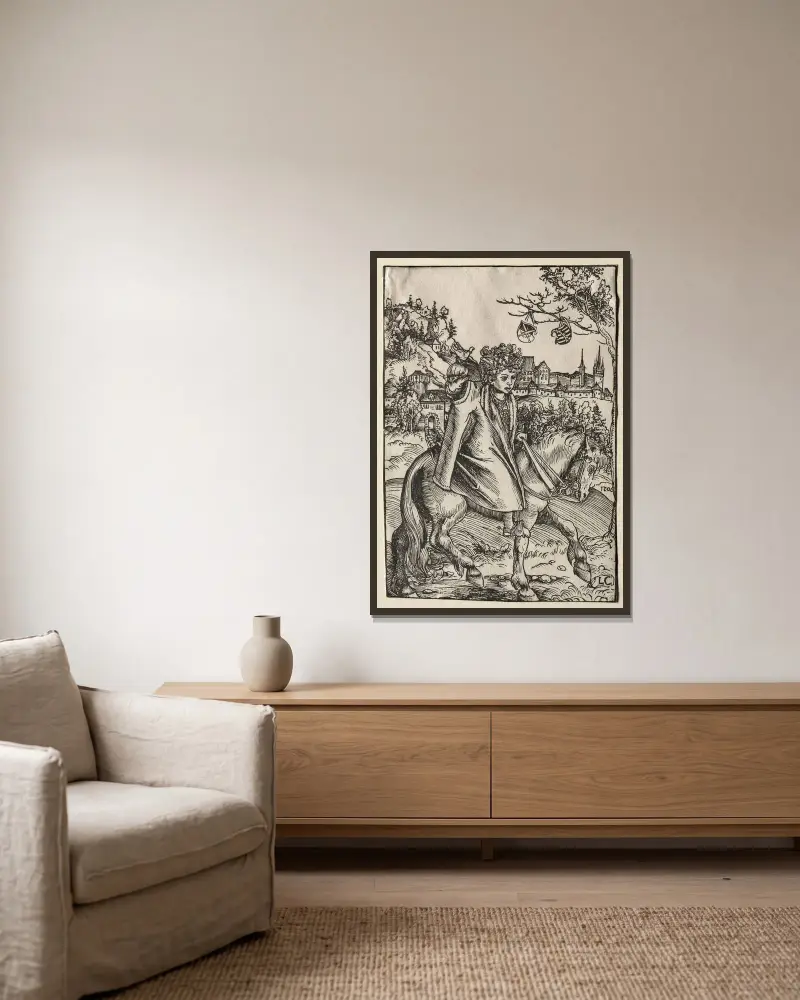 Knabe zu Pferd von Lucas Cranach the Elder gerahmt an einer Wand