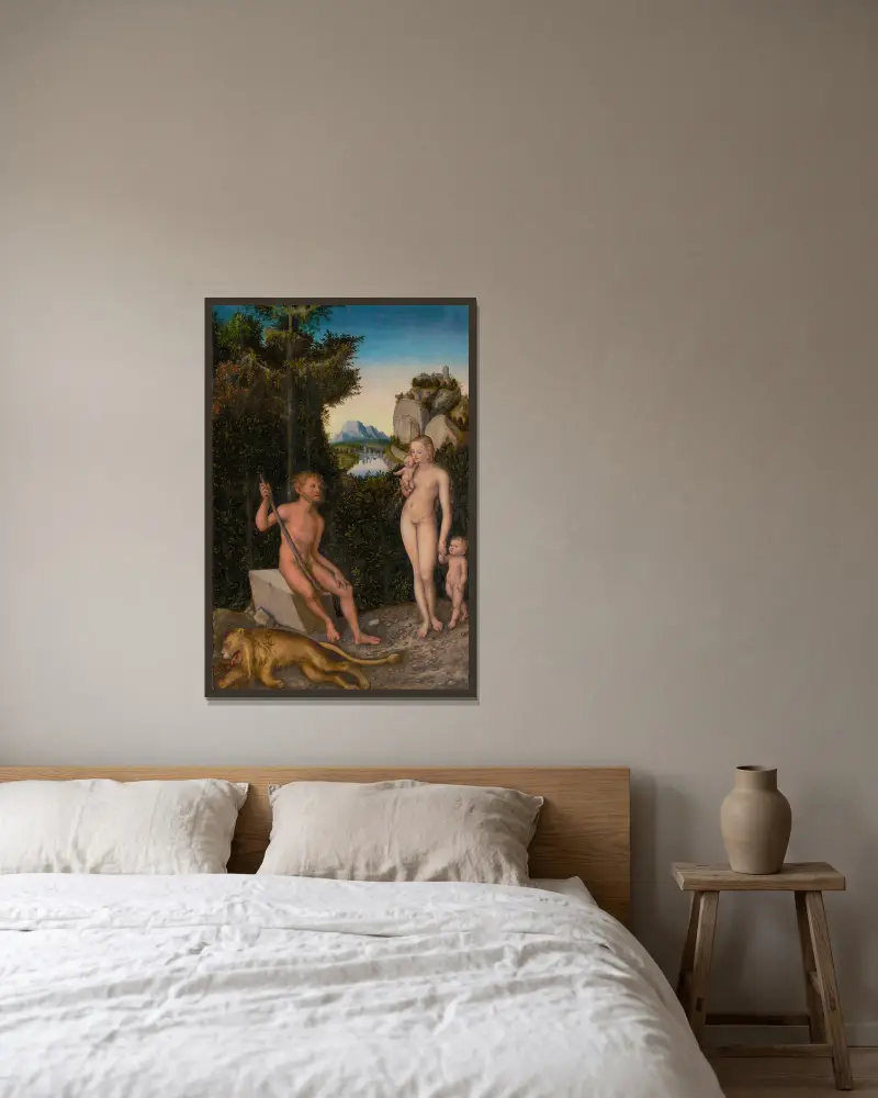 En faun och hans familj med ett dödat lejon av Lucas Cranach the Elder inramad på en vägg