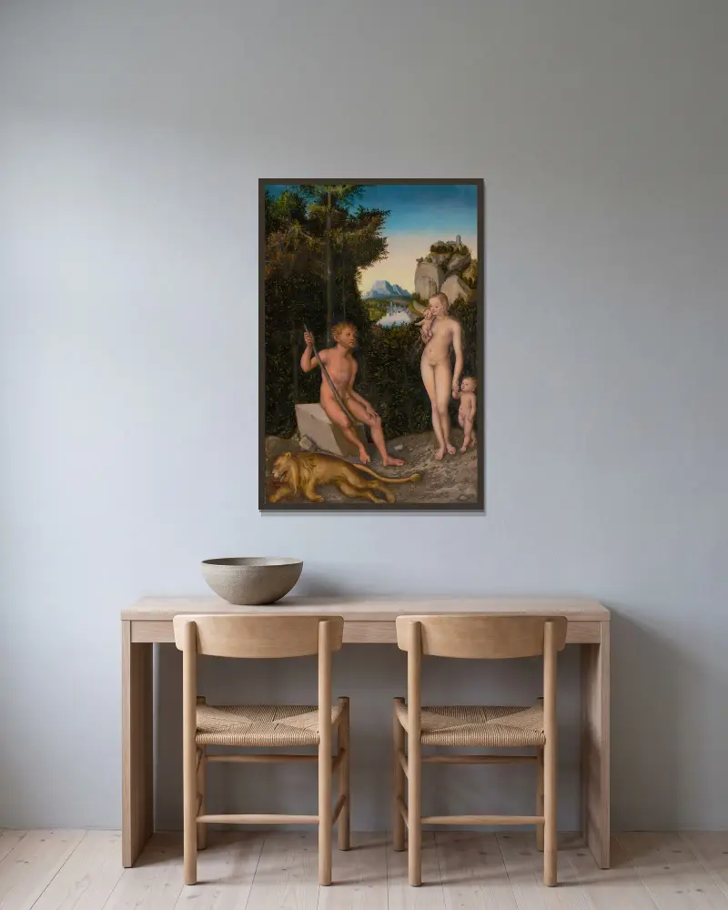 En faun och hans familj med ett dödat lejon av Lucas Cranach the Elder inramad på en vägg