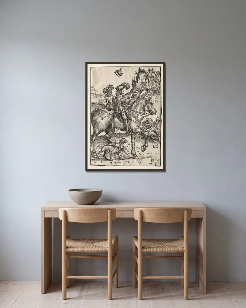 En herre och en dam på jakt av Lucas Cranach the Elder inramad på en vägg