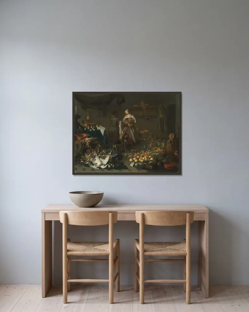 A kitchen interior with a maid and a servant conversing av Jan Van Kessel The Elder inramad på en vägg