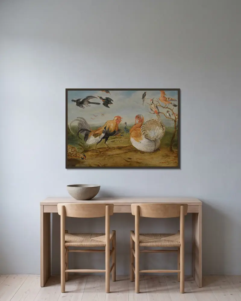 Landskap med en tupp och en kalkon i gräl samt andra fåglar av Jan Van Kessel The Elder inramad på en vägg