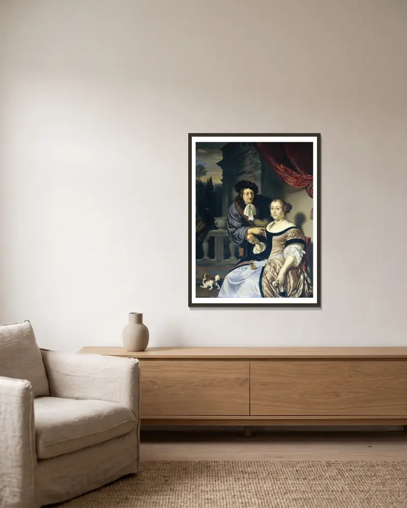 Ein Mann und eine Frau von Frans van Mieris the Elder gerahmt an einer Wand