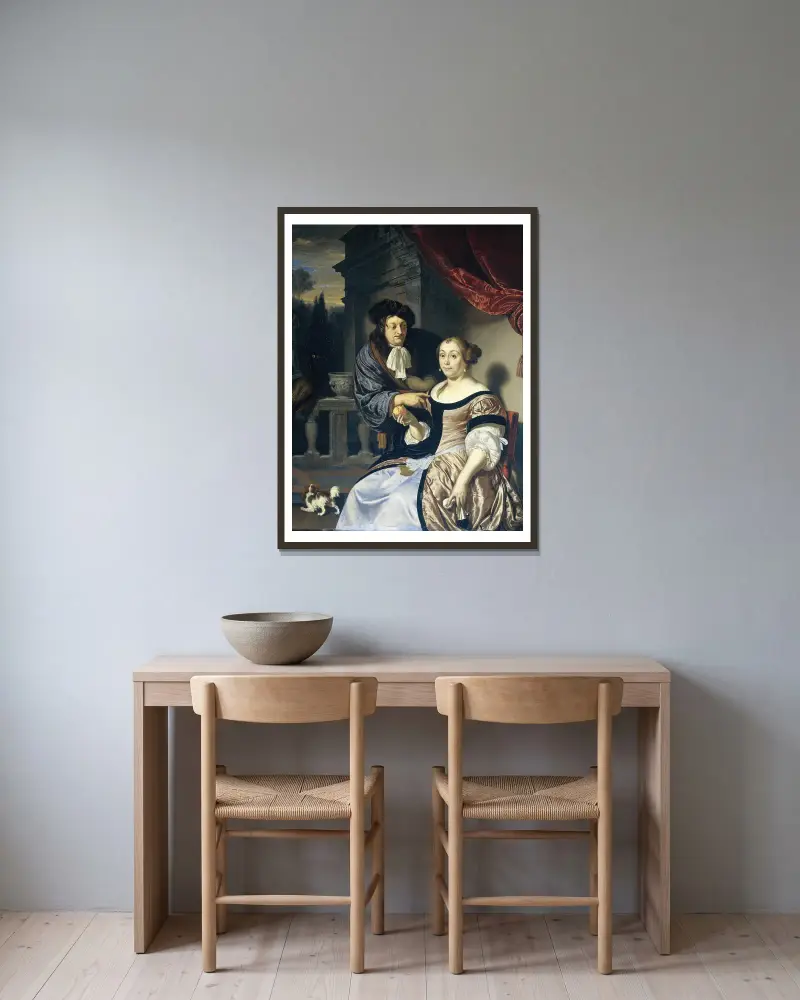 Ein Mann und eine Frau von Frans van Mieris the Elder gerahmt an einer Wand