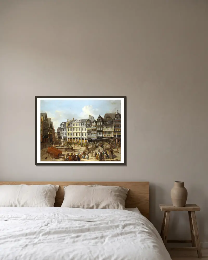 Marknad på Römerberg i Frankfurt av Christian Georg Schütz the elder inramad på en vägg