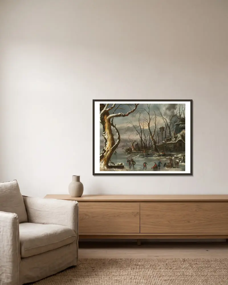 Winterlandschaft von Jan Van Kessel The Elder gerahmt an einer Wand