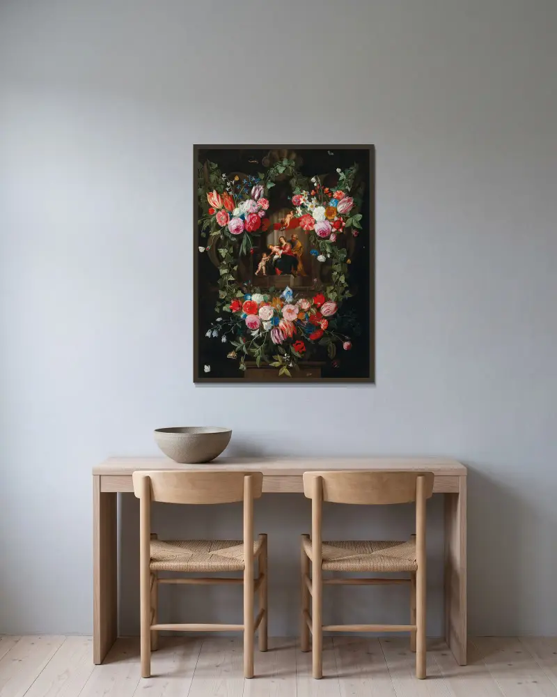 Blomsterkrans kring en kartusch med den heliga familjen och putti av Jan Van Kessel The Elder inramad på en vägg