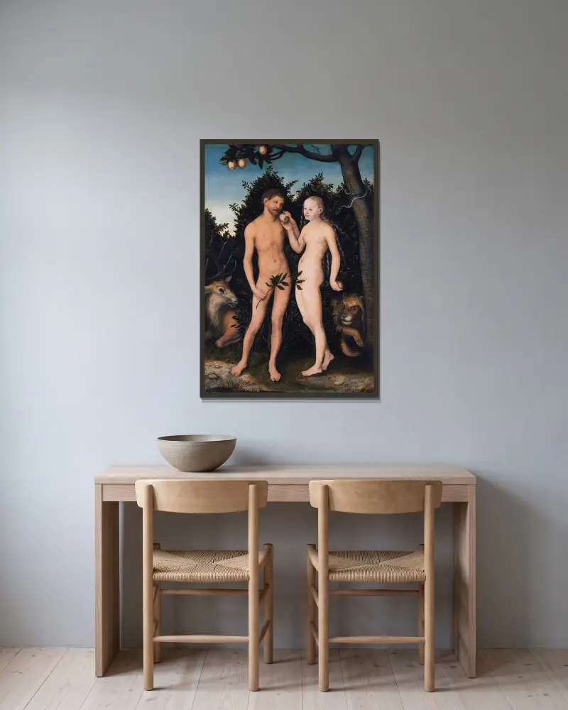 Adam och Eva i paradiset (Syndafallet), 1533 av Lucas Cranach the Elder inramad på en vägg