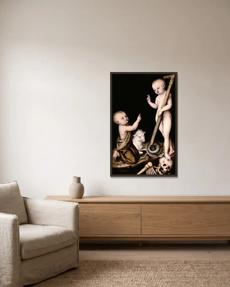 Johannes Döparens tillbedjan av Jesusbarnet av Lucas Cranach the Elder inramad på en vägg