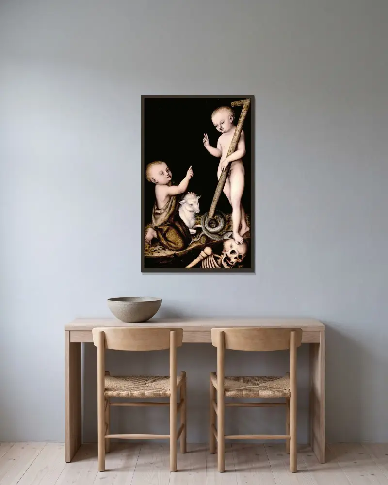 Johannes Döparens tillbedjan av Jesusbarnet av Lucas Cranach the Elder inramad på en vägg